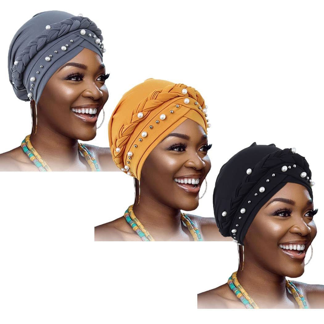 AzoneeAfrican Turban Head Wraps Pearls Head Scarf Braid Pre-Tied Soft Head Cover Cap Headwear for Women and Girls Pack of 3, One Size