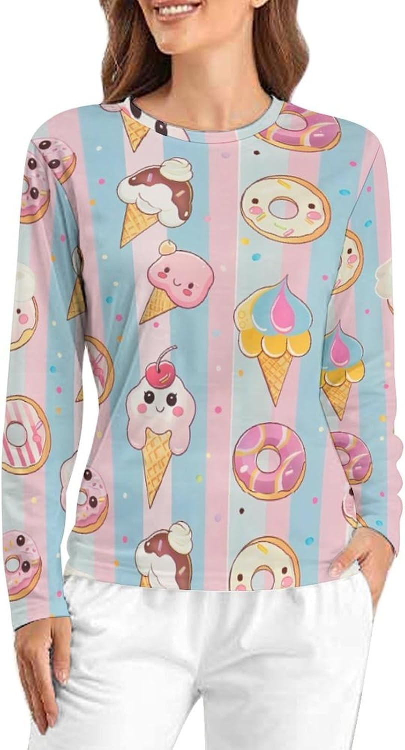 Donuts Ice-Cream Women's Pajama Top Sleepwear Pajamas Sleep T-Shirt Long Sleeve Shirt Crewneck Tee