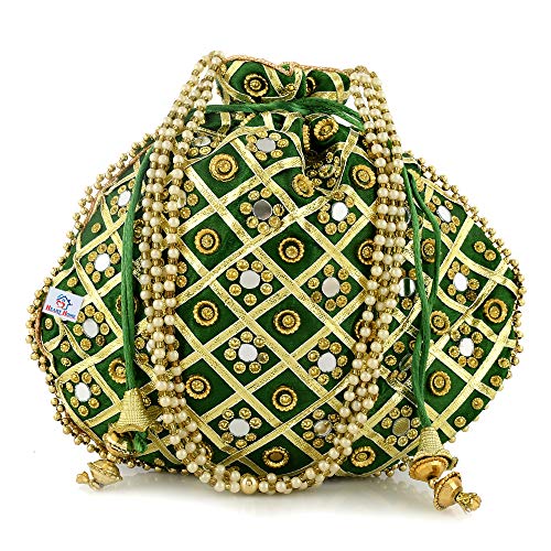 Heart Home green silk mirror work potli bag — traditional mirror work potli for women