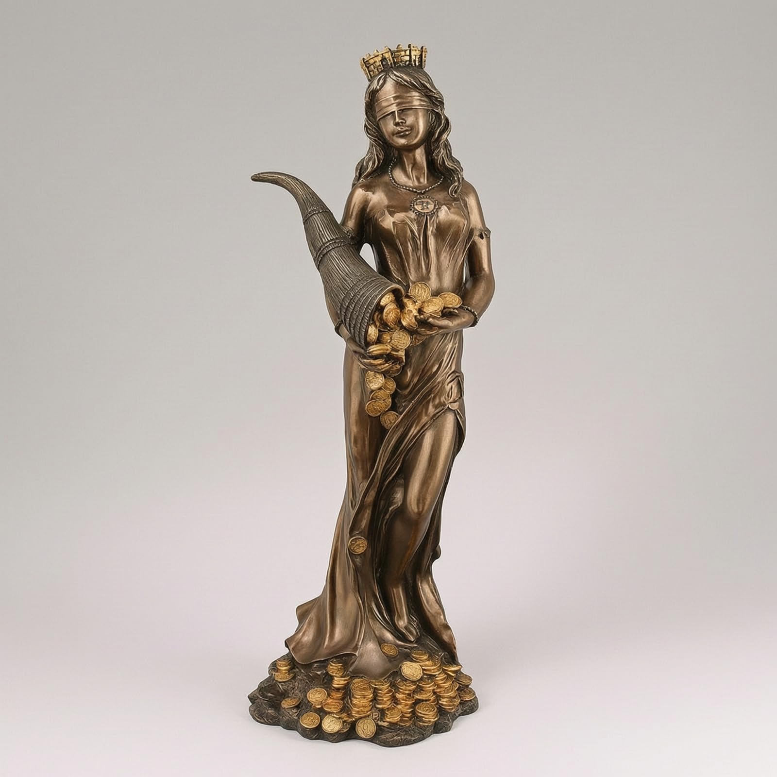 Della Fortuna Bendata con Cornucopia Ornamentale Scultura Dipinta a Mano Figura Decorativa per Ufficio, Statua Della Dea Del Destino - Piccola Resina + Polvere Di Rame