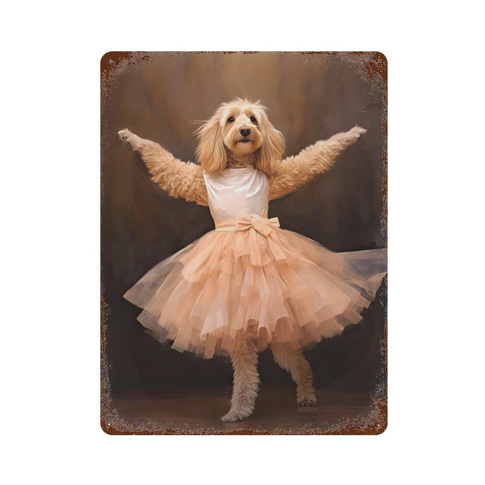 Goldendoodle Ballerina 15.7"x11.8" Rust Effect Tin Sign, Decorative Metal Wall Art for Garage, Bar And Workshop Decor