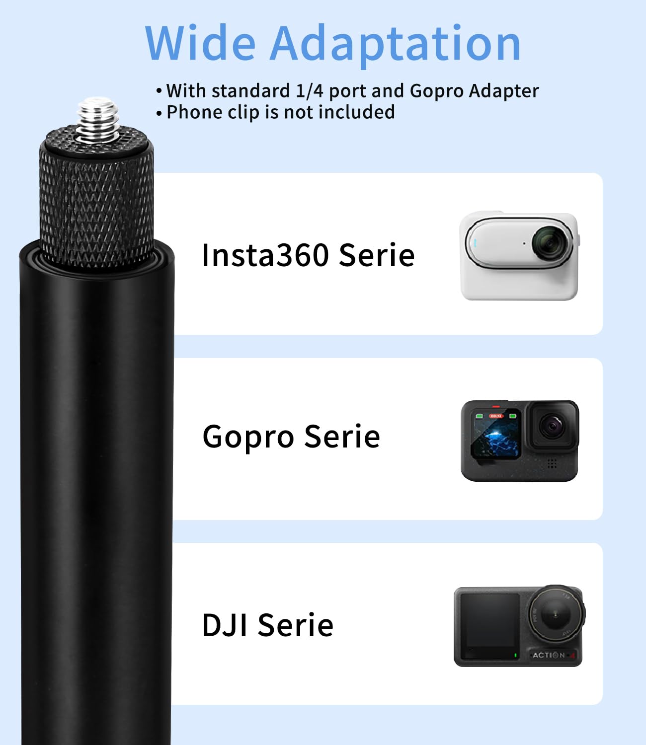 150cm Invisible Selfie Stick Aluminium, Dehnbarer Verlängerungsstab für Insta360, für GoPro, DJI, Action Kamera, Im Freien Sport Handstange mit Zubehör, Bergsteigerschnalle, 1/4 Schraube