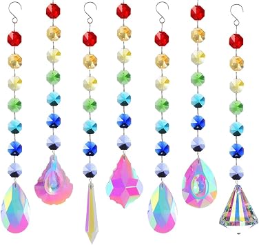 WEISIPU 7 Pcs Hanging Crystals Suncatchers - Colored Prisms with Pendant Crystal Window Decoration, Rainbow Light Shadow Wind Chime for Chandeliers, Garden, Christmas Tree Decoration Rainbow