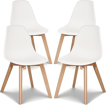 VECELO Dining Chairs Set of 4, Mid-Century Modern Kitchen & Dining Room Chairs, Molded Plastic Seat & Back, Solid Wood Legs, Armless, Non-Slip Feet, White