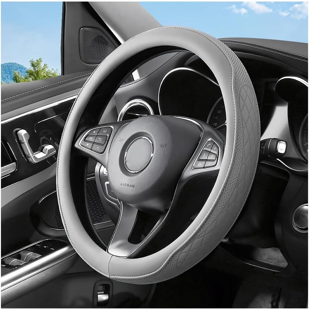 Zpana Car Steering Wheel Cover, 14.5-15" Breathable Soft Leather Vehicle Steering Wheel Protector with Anti-Slip Lining, Comfortable Auto Interior Decoration Accessories, Universal Fit (Gray)