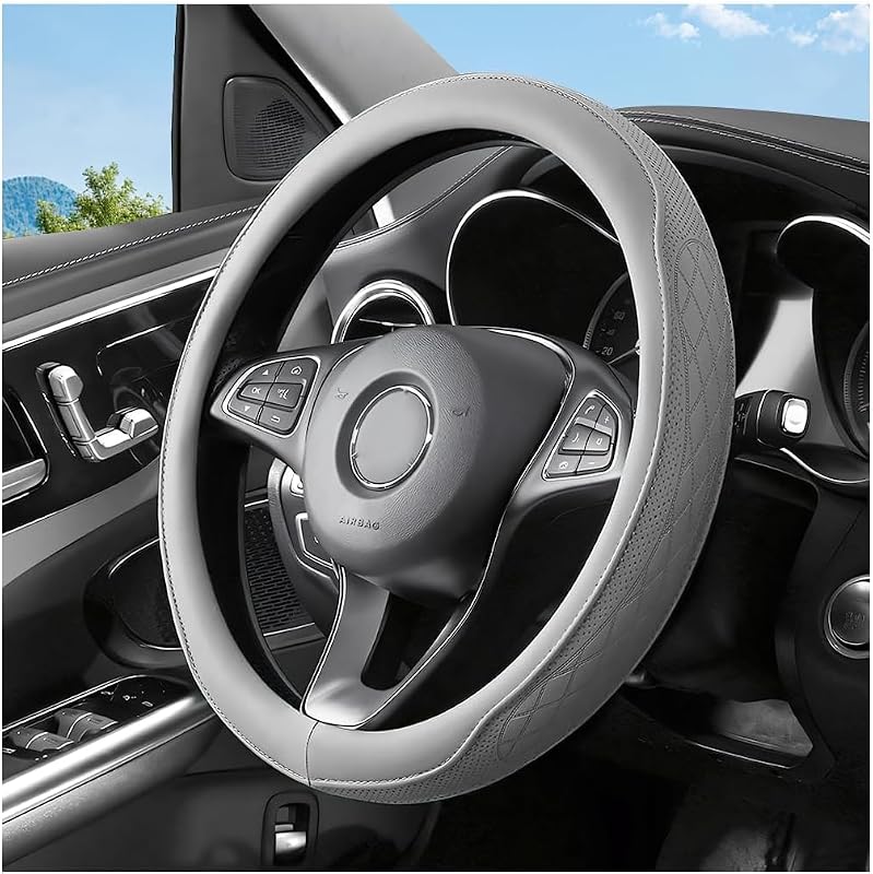 Zpana 14.5-15" Car Steering Wheel Cover, Breathable Soft Leather, Gray | Breathable Leather Steering Wheel Cover, Anti-Slip Lining, Comfortable Auto Interior Decoration, Universal Fit 14.5-15 Inch
