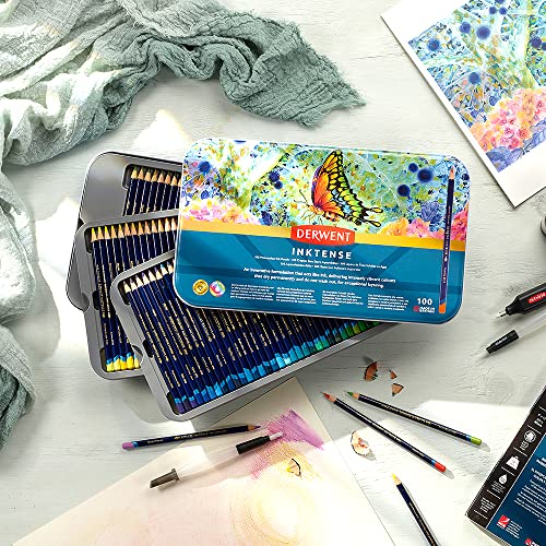 Image of Derwent Inktense Pencils Art Set, 100 Permanent Watercolor Pencils Set in Tin, Premium Colored Pencils for Adults, Water-Soluble Indelible Pencil Collection, 4mm Core, Professional Quality