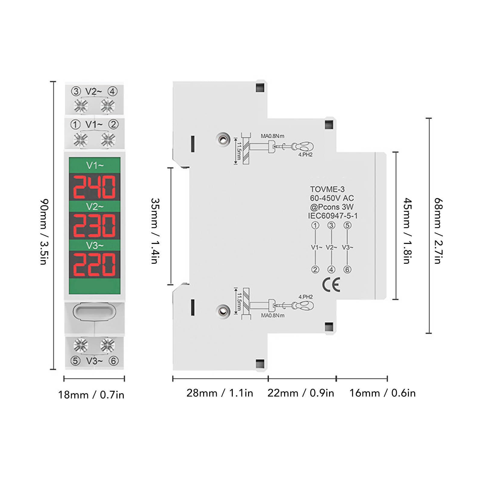 AC 3P Voltage Meter 60-450V 3 Phase Voltmeter LCD Digital Voltmeter Din Rail Voltage Measuring Monitor Panel for Power Consumption Irrigation