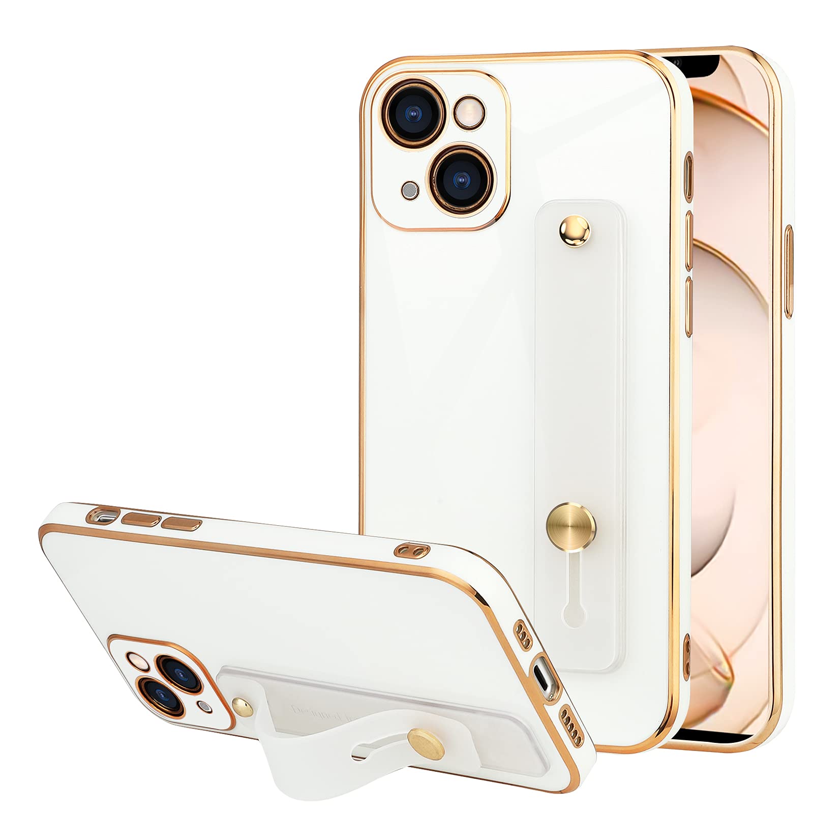 TEAUGHT for iPhone 14 Max Case Soft TPU White Plating with Adjustable Wristband Kickstand Case Slim Thin Anti-Scratch Shockproof Full Camera Lens Protective Cover