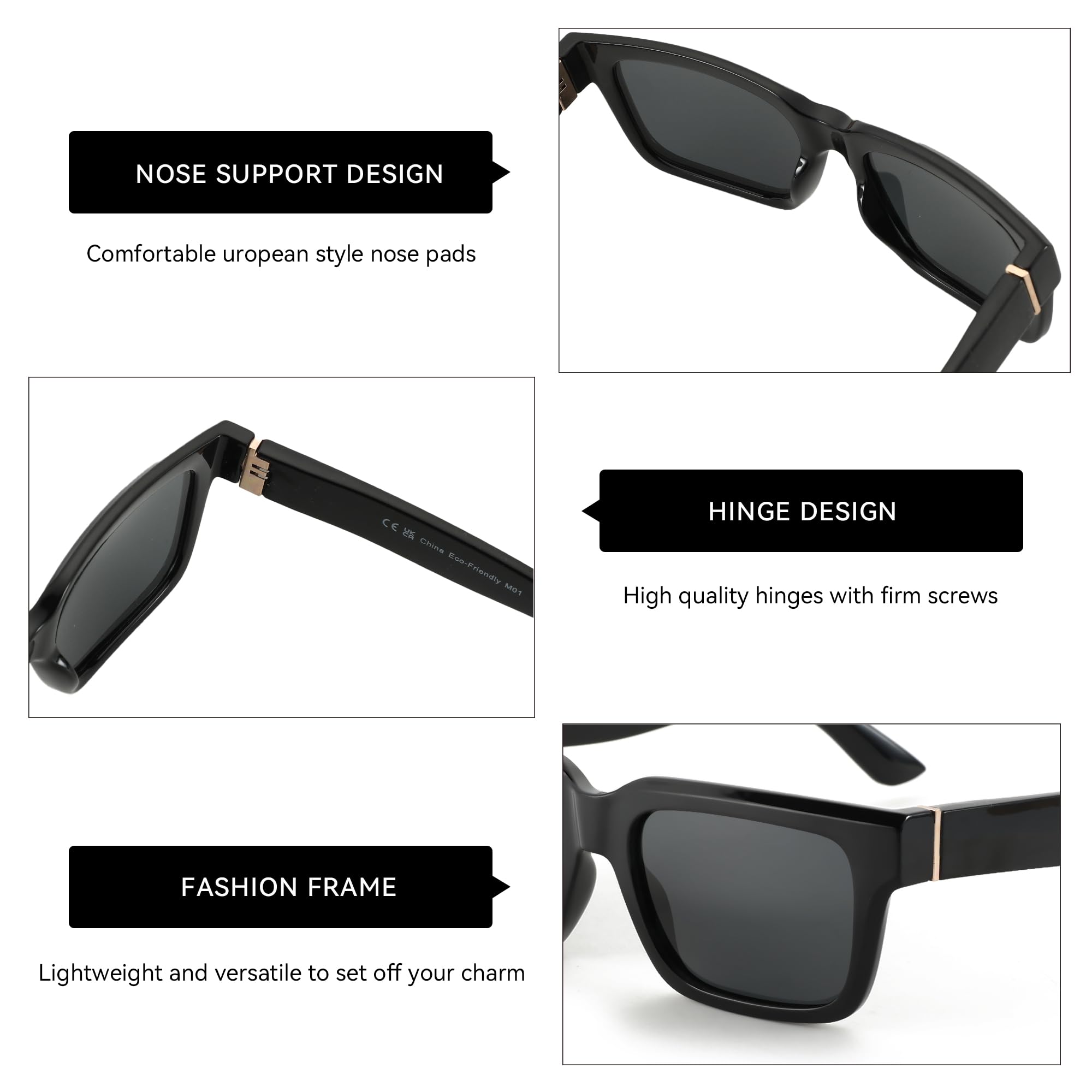 Gafas de sol rectangulares para hombres y mujeres, polarizadas, protección UV400, clásicas, modernas, para conducir, gafas de sol, C01 Marco Negro Lente Negro 4