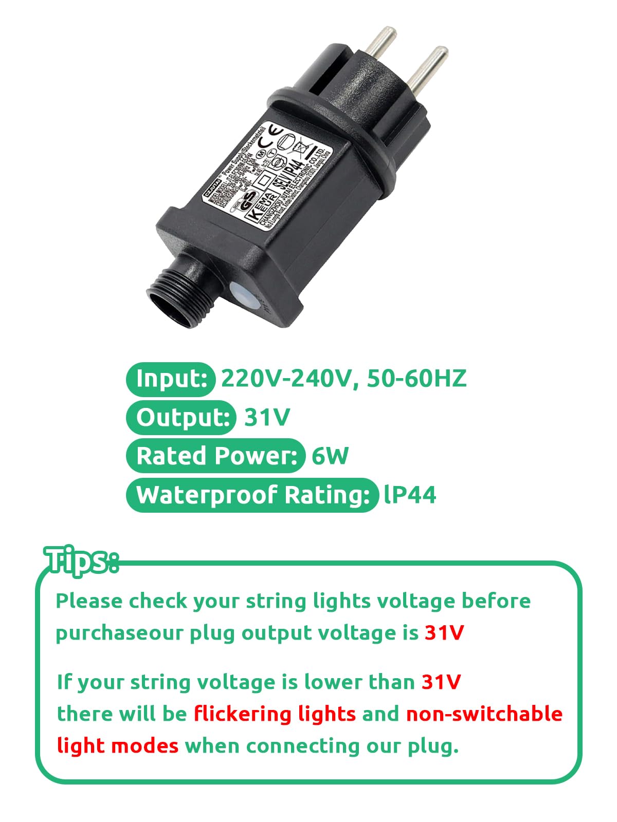 Cozymeow Trasformatore Luci di Natale 31V 6W Alimentatore, 9 Modalità Presa a Intermittenza con Timer, IP44 Adattatore Luci Natale, Ricambio 2 pin Spina per Luci Stringa, Luci Albero di Natale