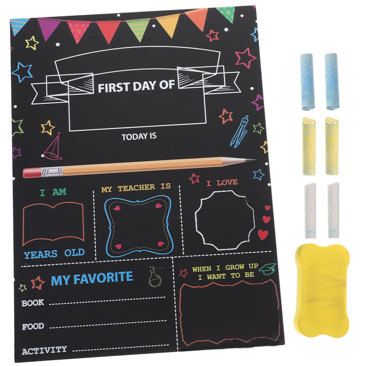 jojofuny 1Set Double Sided School Sign Board First Day Chalkboard with Random Colored Chalks Eraser for Kindergarten Bulletin Home Decoration