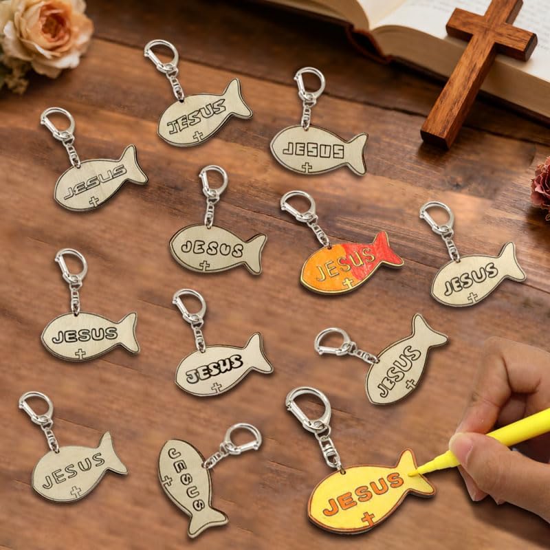 36 Pcs DIY Faith Fish Keychain Sunday School Crafts Color Your Own Jesus Fish Keychain Wooden Christian Faith Key Chain for Home Church Bible Sunday School Activities Religious Gift Stuff