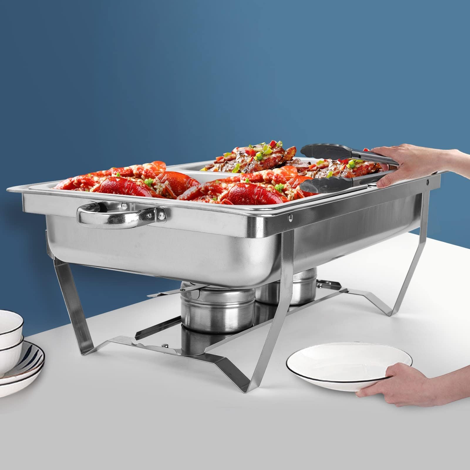 Chafing Dish Buffetwärmer, 9L Edelstahl Speisenwärmer mit 2X 1/2 GN-Behälter, Warmhaltebehälter für Catering, Buffet und Party