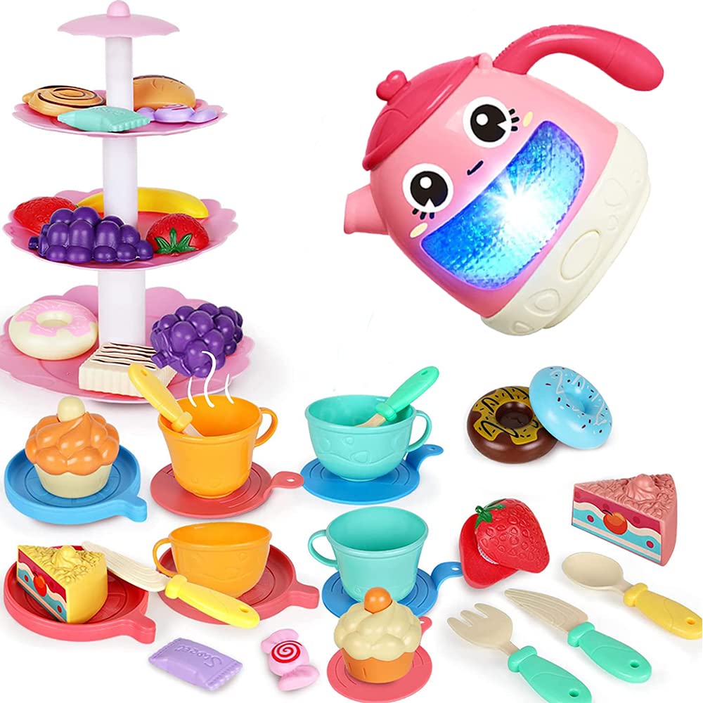 Masroo48 PCS Tea Set for Little Girls, Tea Party Set, Tea Set for Toddlers Including Kettle with Music & Light, Cookies, Kids Play Food, Tea Party Accessories Toy for Toddlers, Boys Girls Gifts