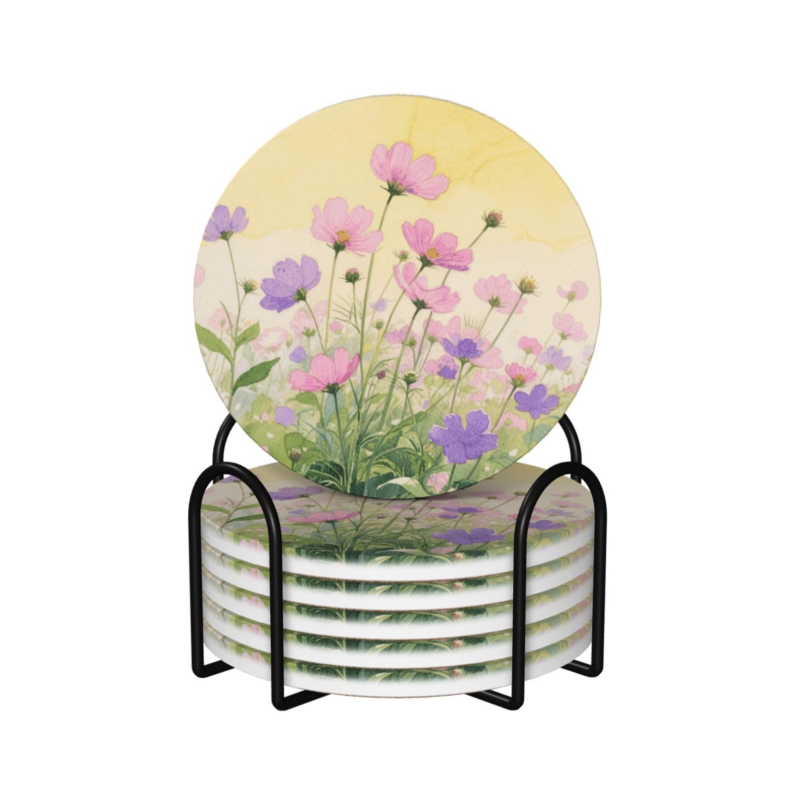 Dessous de verre en céramique fleur violette avec support en liège Lot de 6