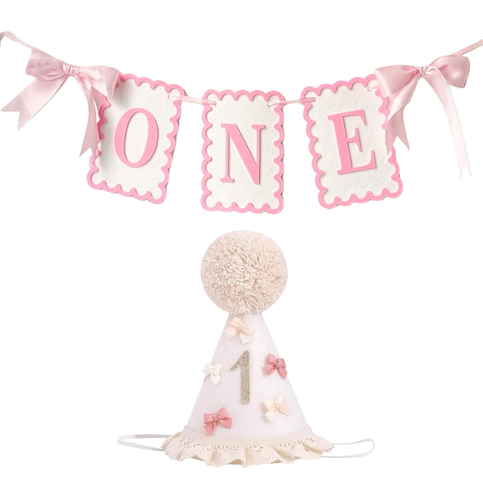 Rndqw 1st Birthday Hat with ONE Banner and pair Bow,Girl Birthday Celebration Set, First Birthday Decorations for Girls, Cake Smash Photo Prop for Girl Shower Party Decoration (Pink)