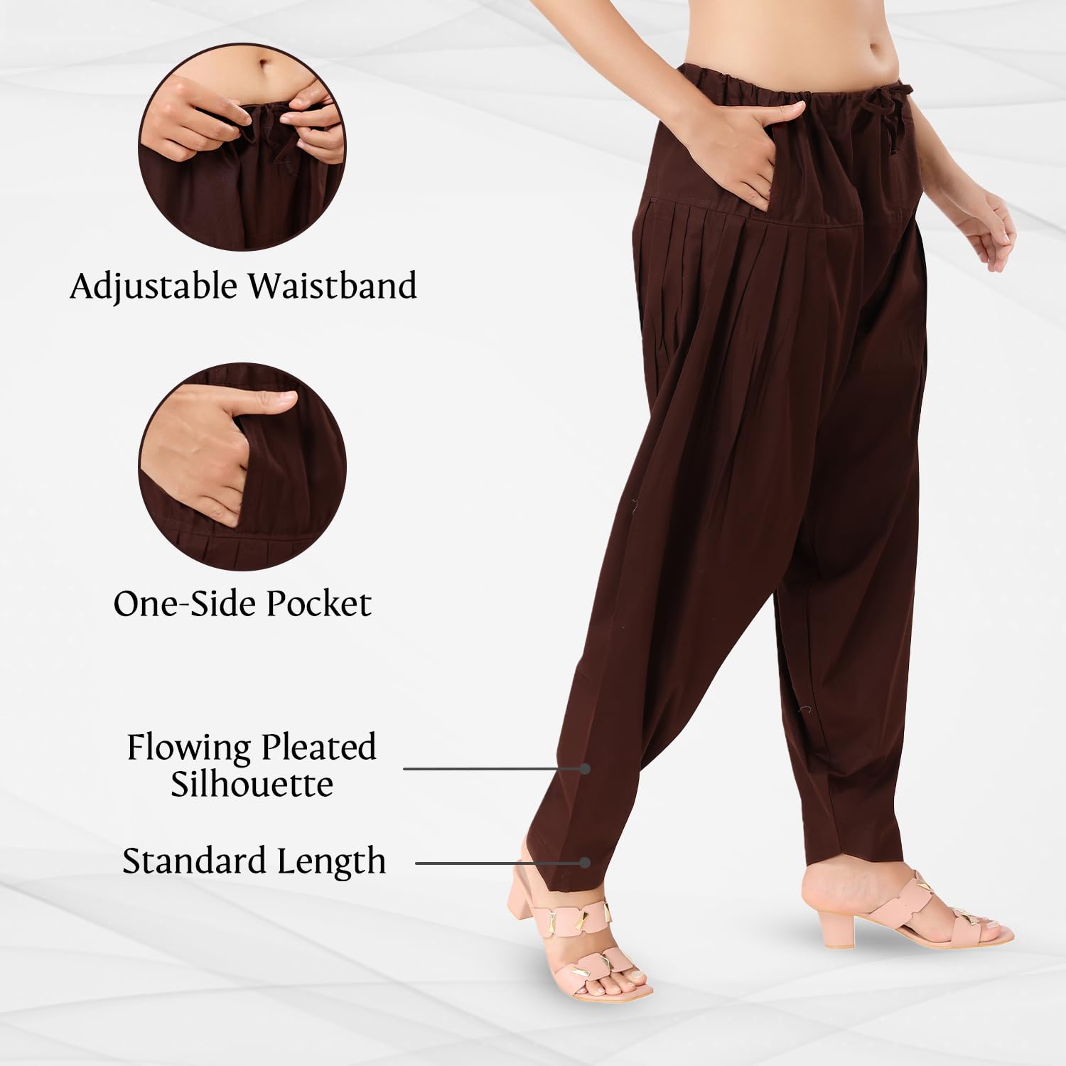 TRASA Semi Patiala Salwar Cotton One Side Pocket Traditional Indian Bottomwear Pant - Free Size Fit up to XXL - Brown - Image 3 thumbnail