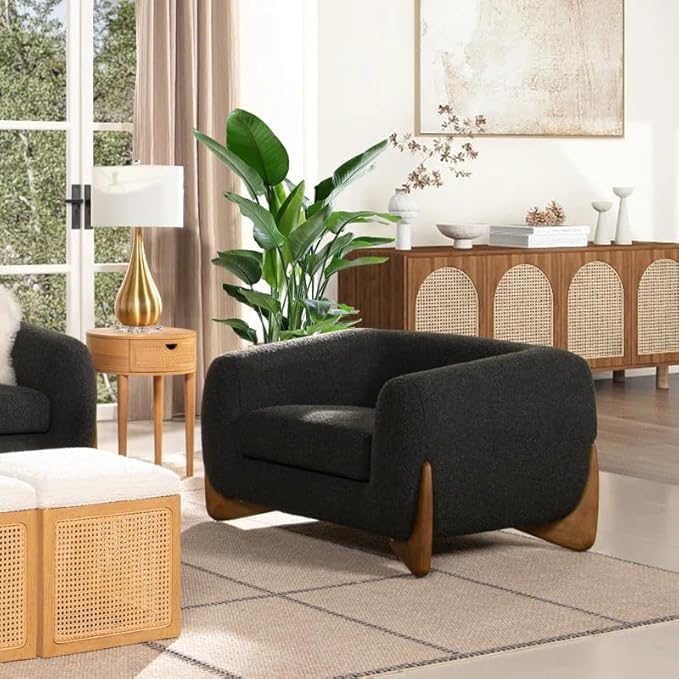Image of Upholstered 3 Seater Sofa Three Seater Sofa with Wooden Legs for Living Room Hotels & Offices (One Seater Boucle Balck) (Black 1 Seater)