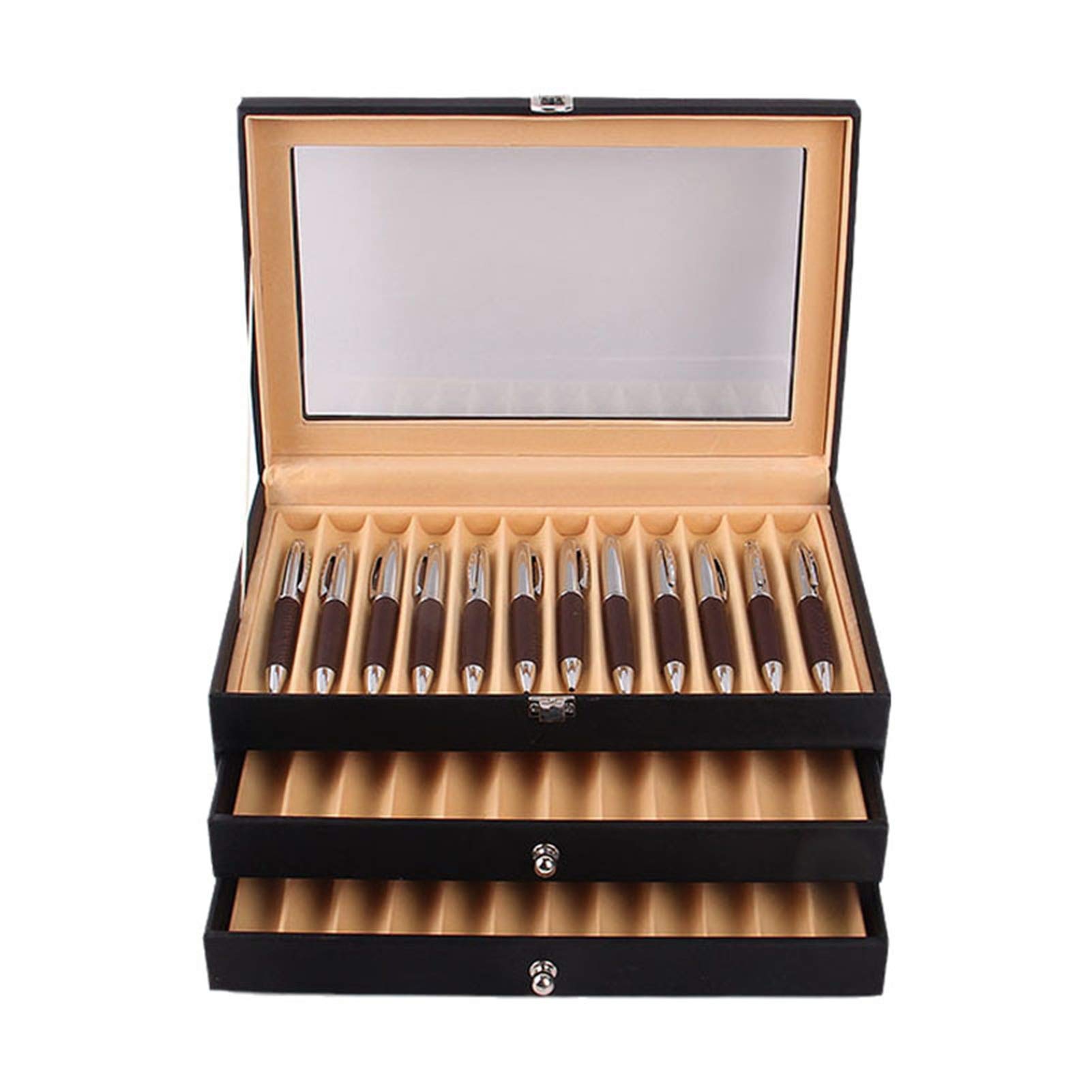 Stift-Vitrine Aus Holz Mit 36 Fächern – Präsentationsbox Für Füllfederhalter, Mit Schublade & Glasdeckel, Abschließbar (braun)