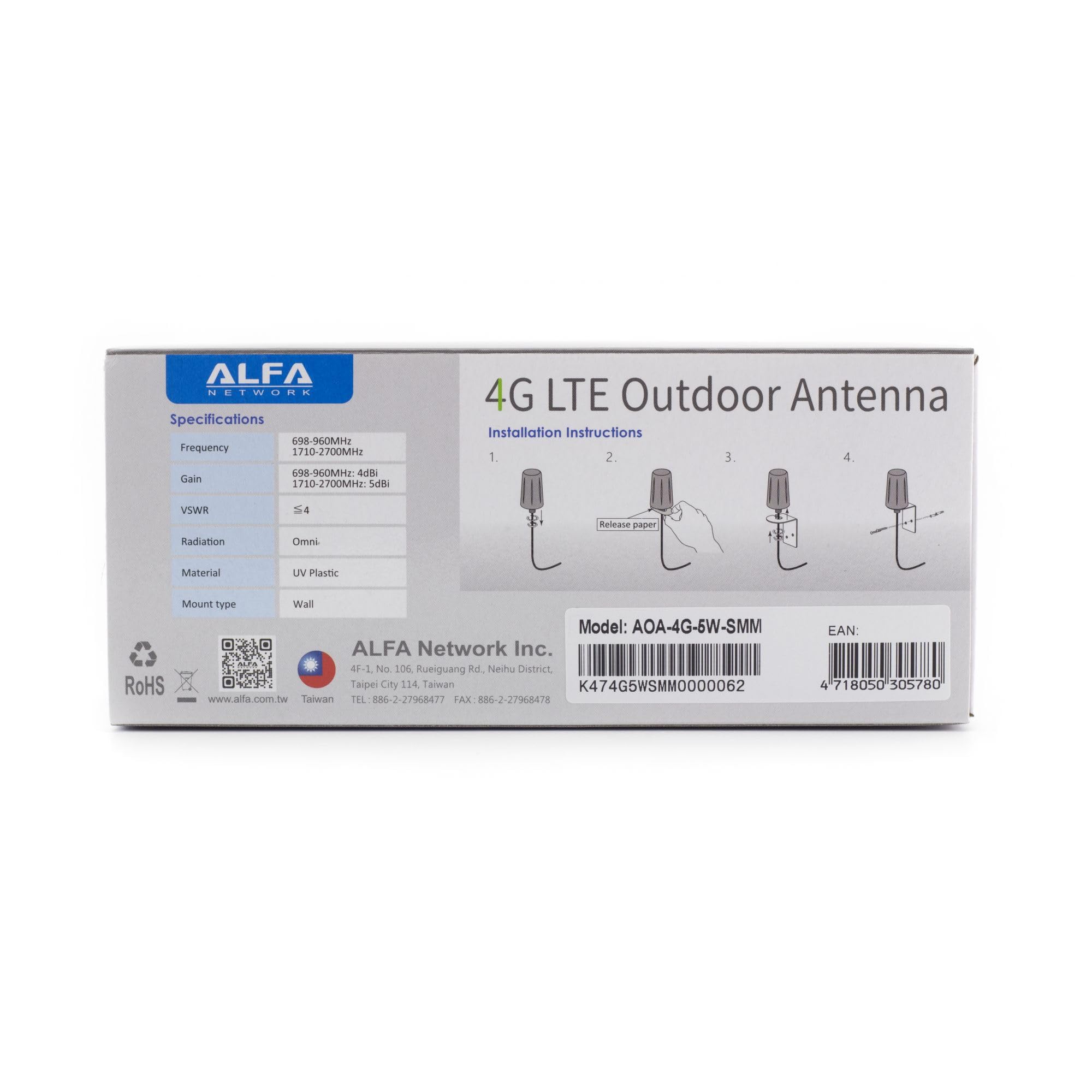 Alfa Network 4G LTE Antenne Omni 5dBi à Montage Mural, SMA Male AOA-4G-5W-SMM