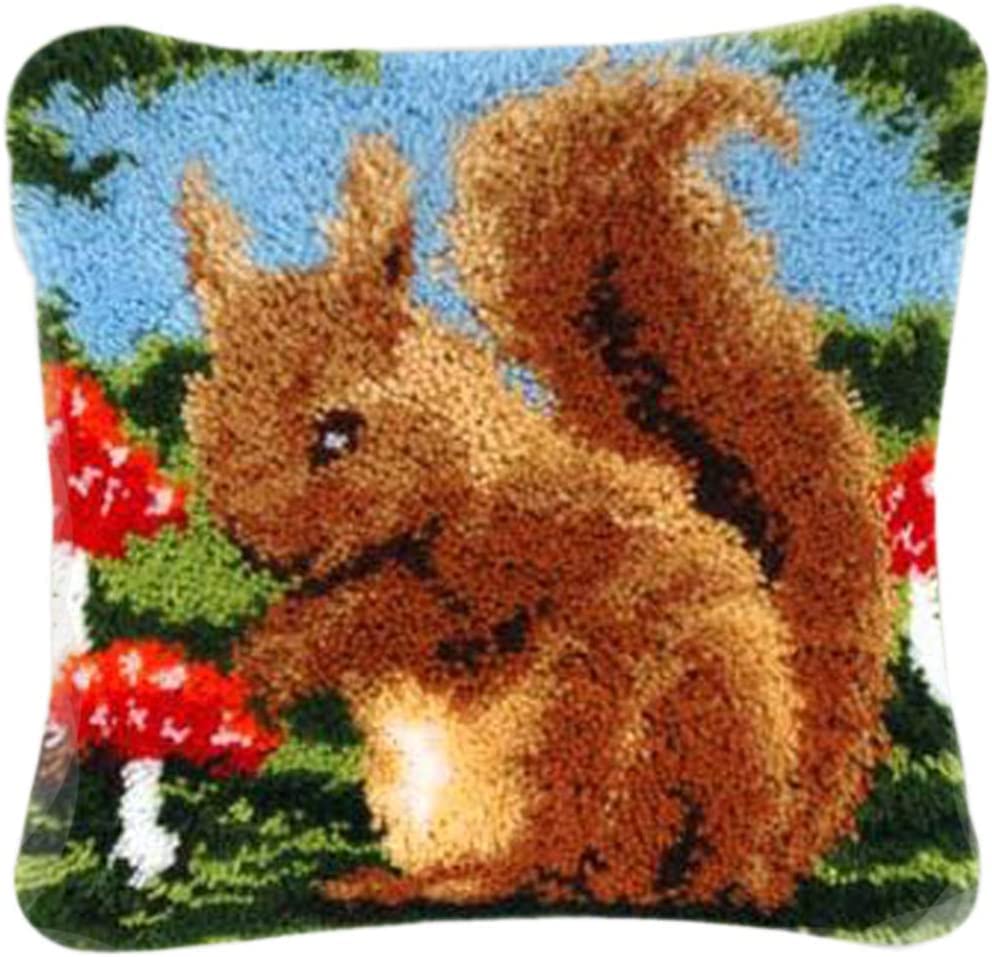 Latch Hook Kits Rugs, DGLUYUDV DIY Latch Hook Kits Pillow Cover Cushion Latch Hooking Rug Kits Cushion Embroidery Latch for Kids , Squirrel