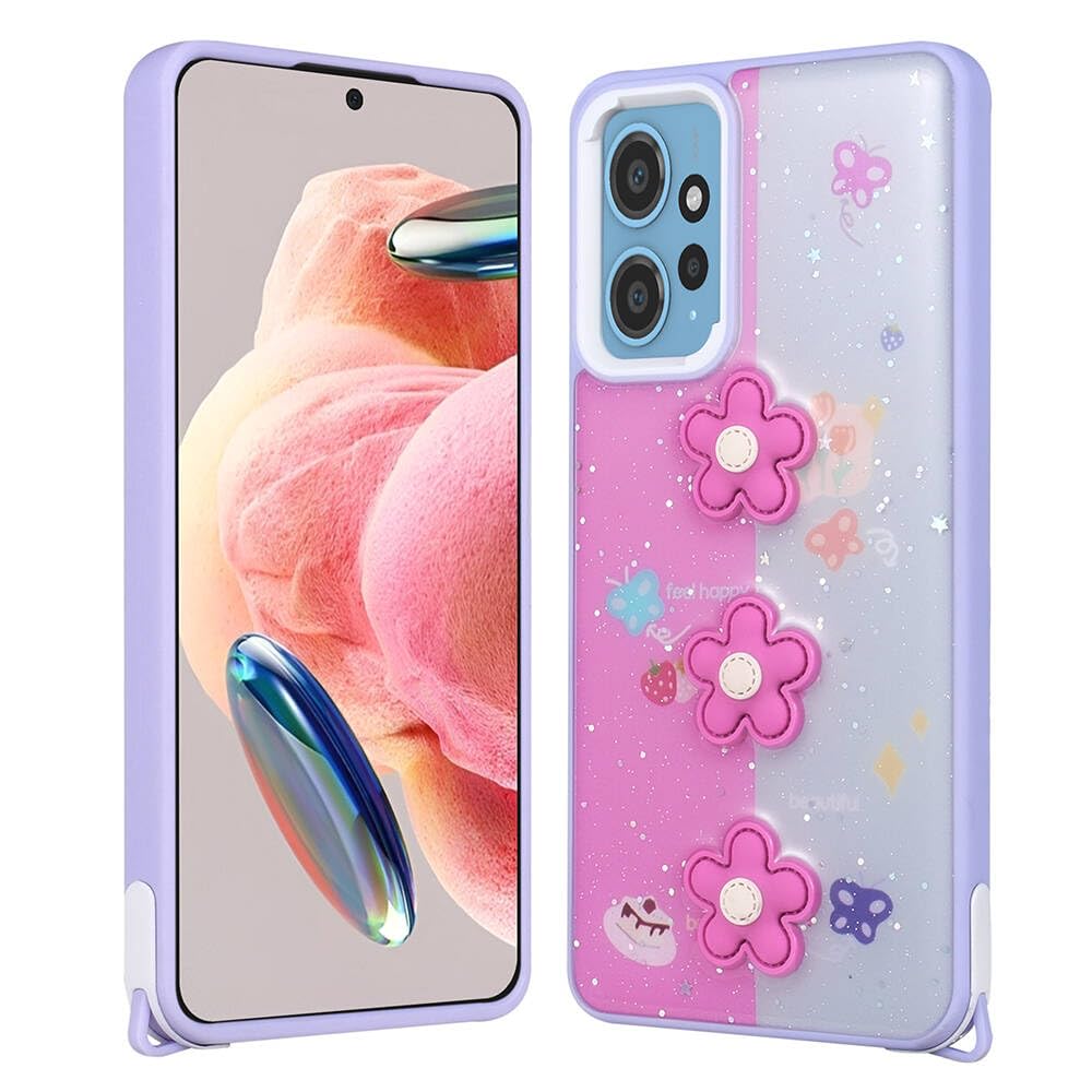 Zore Xiaomi ile uyumlu Redmi 12 4G Kılıf Parlayan Simli Kabartma Figürlü Zore Cevze Kapak Mor Papatya