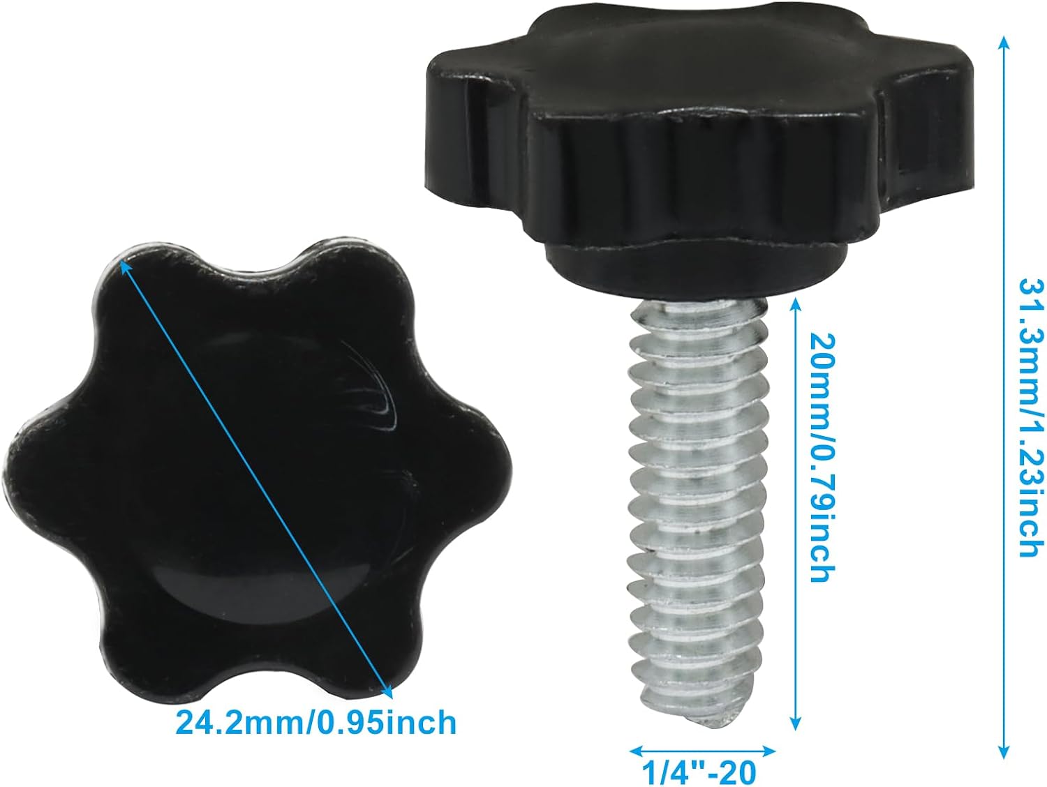 1/4"-20 Grip Knob Screw, Black, 0.79" Thread, 10 Pcs