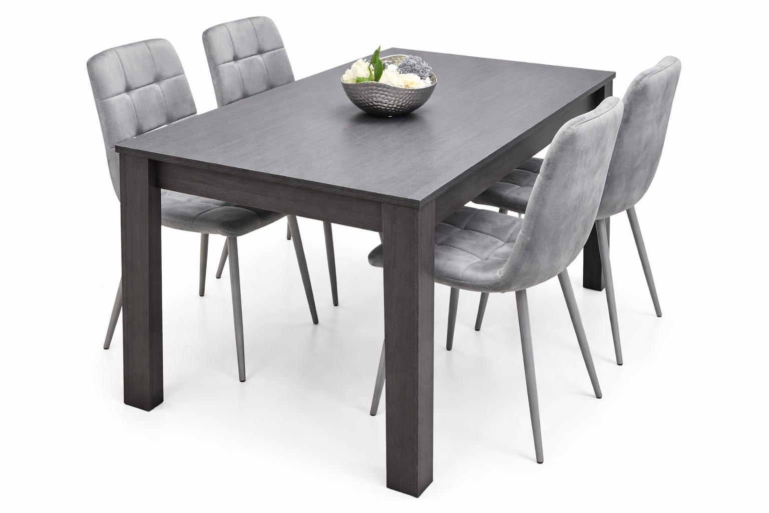 KOSY KOALA Dining Table and Chairs Set - Dark Grey Kitchen Table with 4 Grey Velvet Dining Chairs - Modern 4 Seater Kitchen Room Furniture with Padded Seats & Metal Legs - 117 x 77 x 75 cm