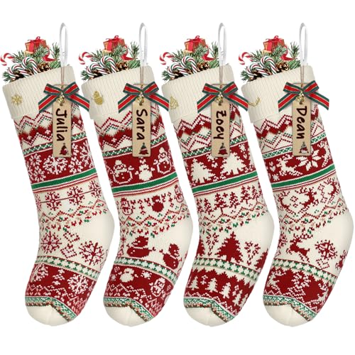 LIBWYS Knit Christmas Stockings with Patterns Reindeer, Tree, Snowflake, Snowman-4 Pack 18 Inch Large Knit Stockings, Personalized Christmas Stockings with DIY Name Tags for Family Holiday Decor
