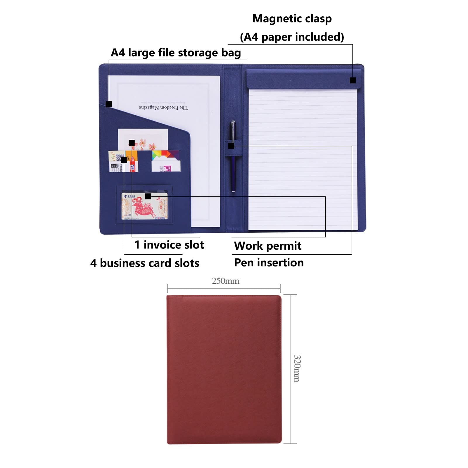 teczka A4 teczka konferencyjna teczka konferencyjna teczka biznesowa teczka z CV teczka na wizytówki teczka ze skóry PU dla kobiet mężczyzn(Red,3 notepads)