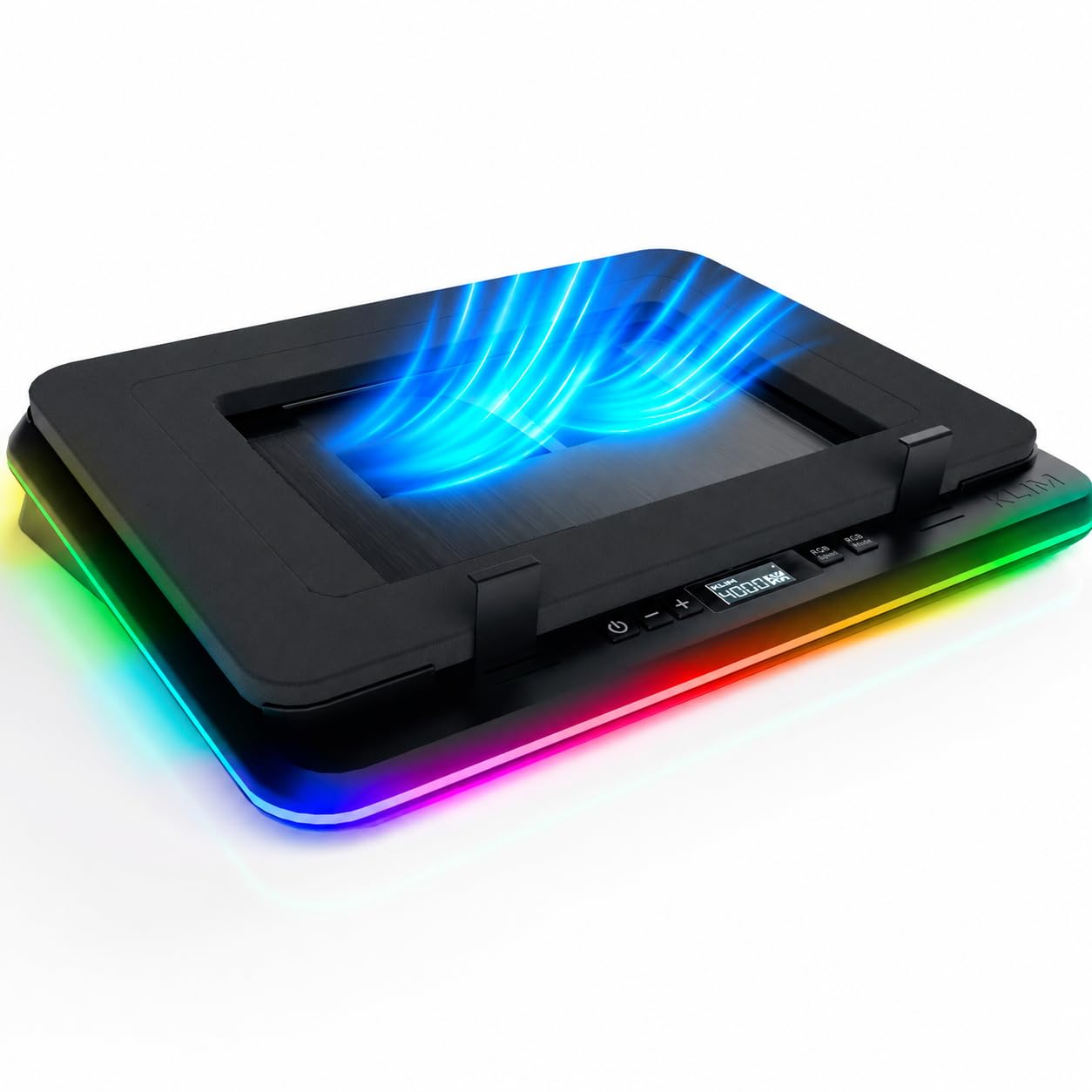 KLIM Turbofrost Refroidisseur PC Portable 4 Turbo Ventilateurs - 4x4000 RPM, 2 Modes d'alimentation USB-C/DC, RGB Dynamique, 4 Ports USB, Mousse Isolante - Support Ventilé PC Portable 14-17in - Noir