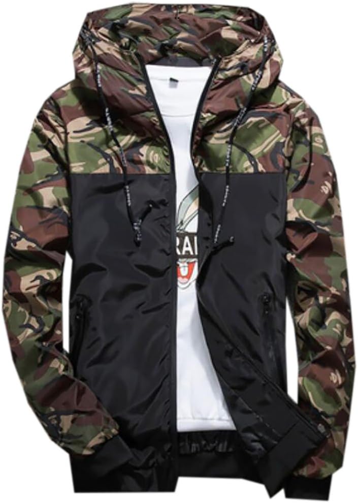 WANSHIYISHEMen's Camouflage Lightweight Slim Fit Hoodie Hooded Windbreaker Jacket Army Green US XL