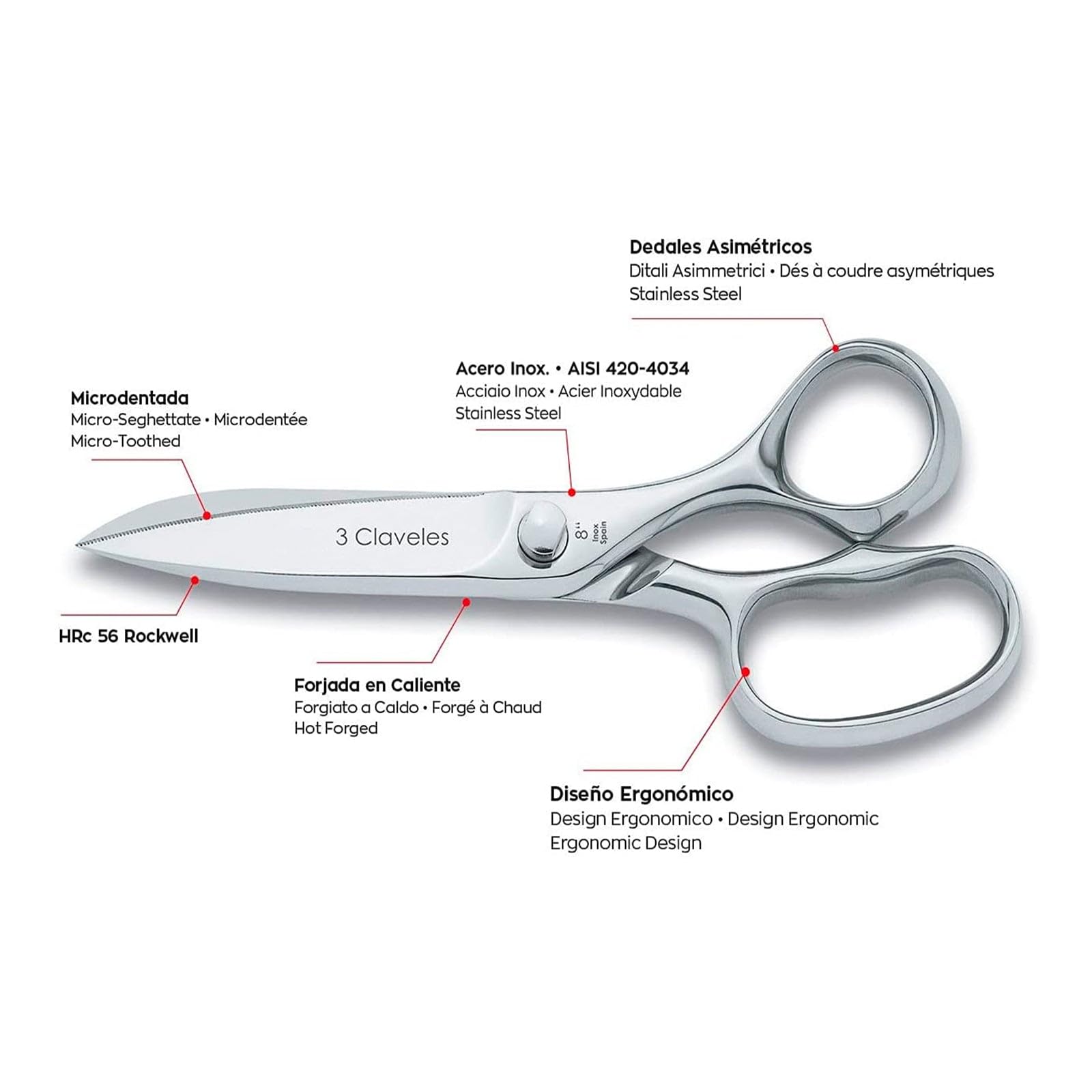 3 Claveles Tijeras de Cocina Profesional, Acero Inoxidable - (20cm - 8"), Brillo
