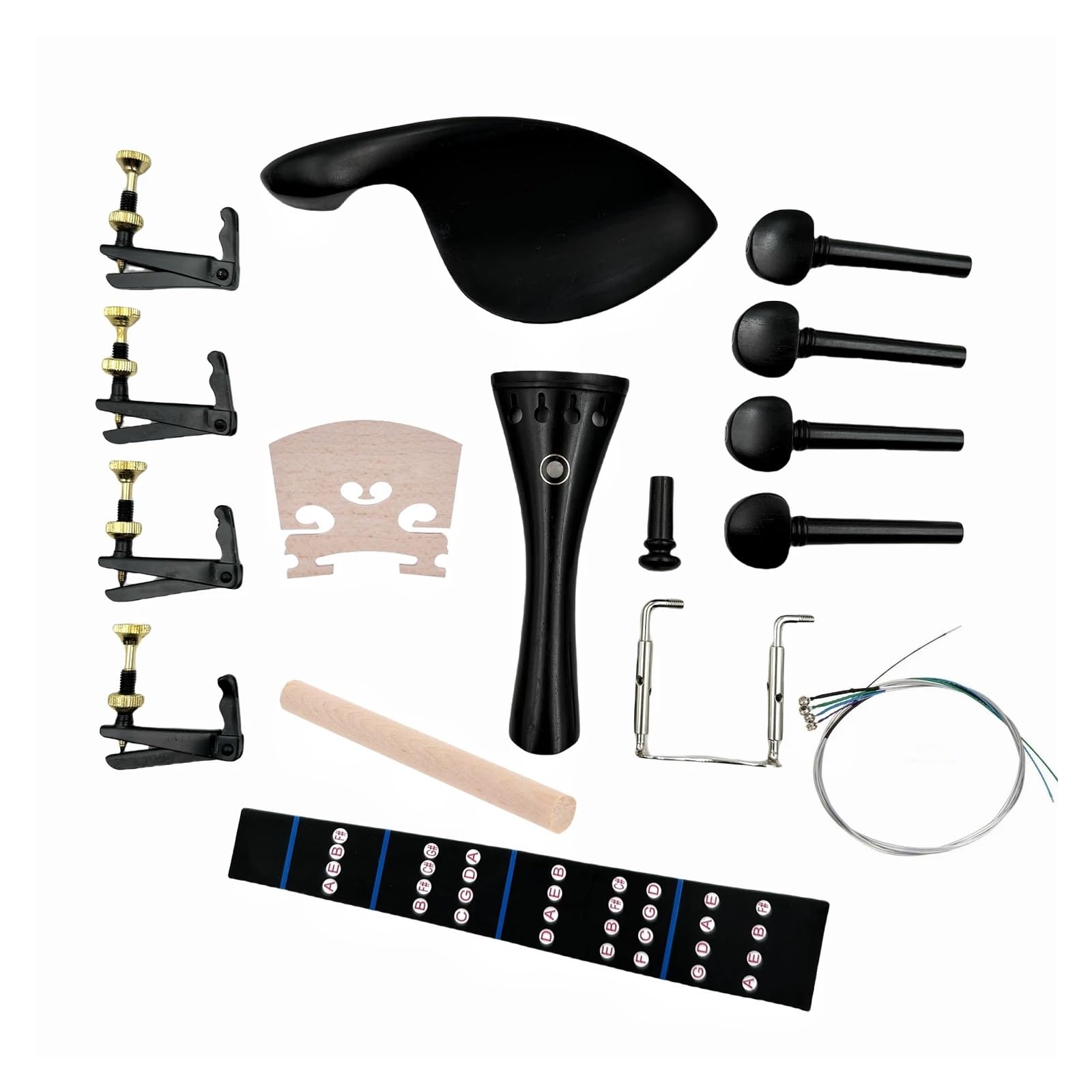 Mentonnière pour violon Kit de pièces violon 3/4 4/4 en ébène, cordier, cheville, repose-menton, autocollant touche, pont, poste sonore(1-4)