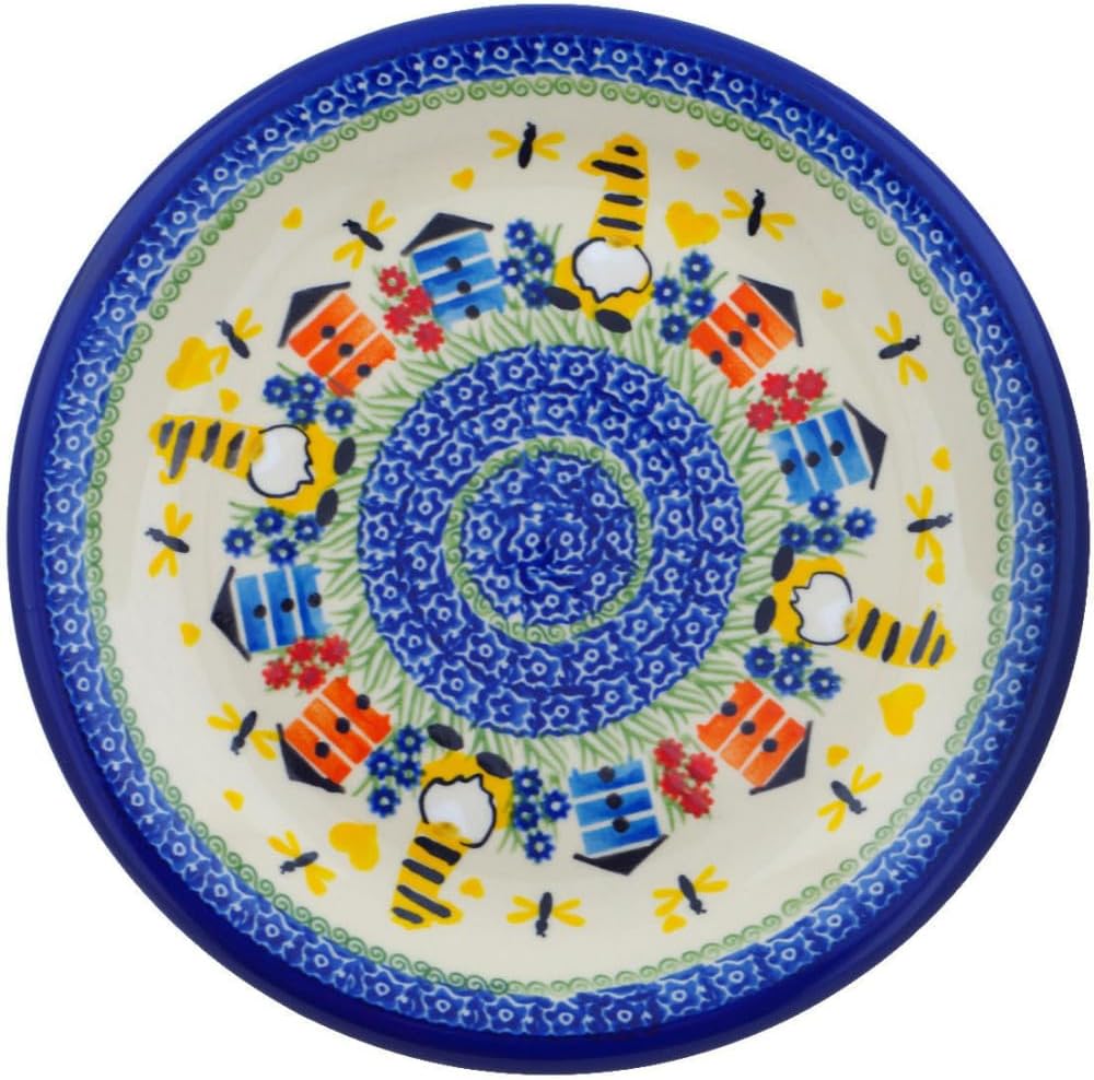 Polmedia Polish Pottery Authentic Polish Pottery Lunch Plate Signature UNIKAT in Beekeeper Gnome Design Handmade in Bolesławiec Poland by Ceramika Nina + Certificate of Authenticity