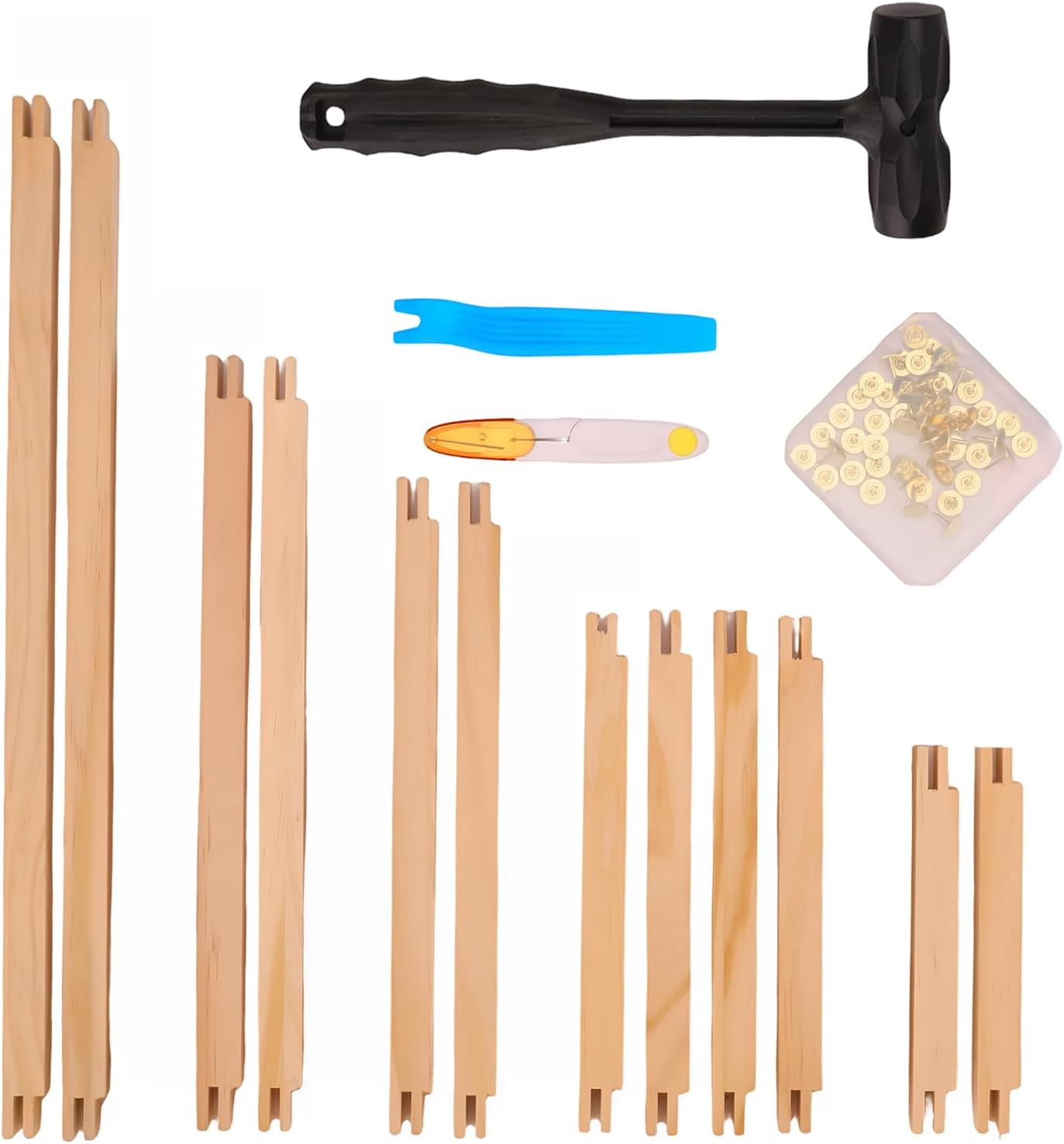 HAPPYER Needlepoint Stretcher Bars Set, 12 PCS Wooden Canvas Stretcher Bars Kit with Tacks, Hammer & Scissors, Needlework Embroidery Stitch Frame Supplies for Canvas Framing Crafts