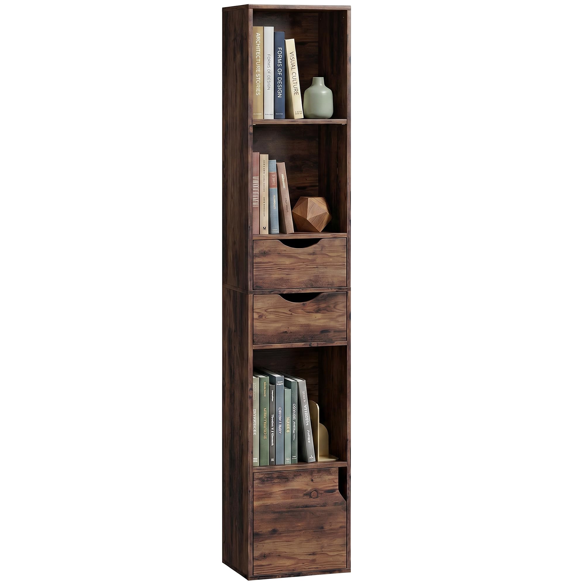 HOMCOM 158 cm Bookcase with Drawers, 3-Tier Bookshelf, Rustic Brown