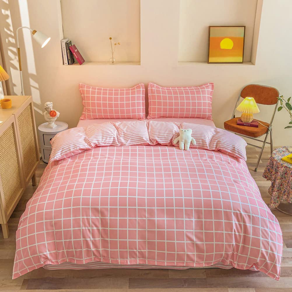 KINKOCCLCotton Duvet Cover Set - 4pcs Bedding Set, 2 Pillowcases & 1 Duvet Cover & 1 Sheet - Plaid Duvet Cover with Zip - Comforter Cover King Size Set - Modern Style Home Bedding (Pink,200X230CM)