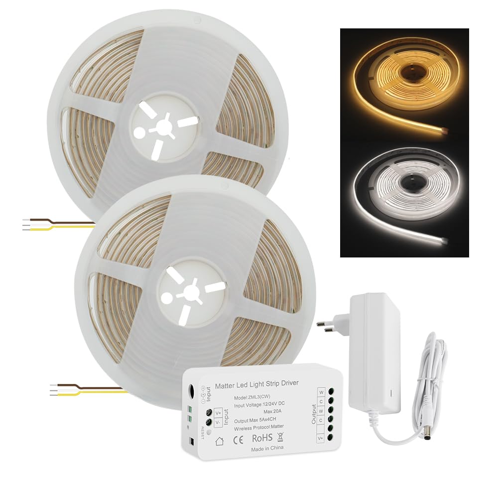 YoumiAi Matter Over WiFi Smart Light IP65 COB CCT LED Light Strips Matter Lamp,2700-6500K,16W,Works with HomeKit,Voice/App/Timer/Intelligent Scene Control(10M CW COB Strip)
