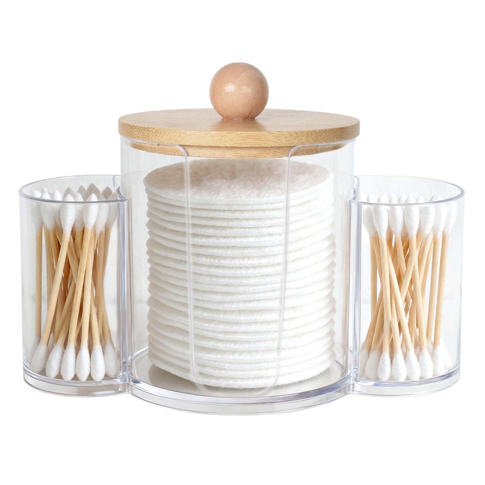 Rylae Cotton Pad Holder, Cotton Wool Bud/Swab/Ball Holder, Cotton Buds Holder Dispenser for Cotton Ball, Swab, Round Pads, Floss, Bathroom Dispensing Jar with Bamboo Lid (Trasparent)
