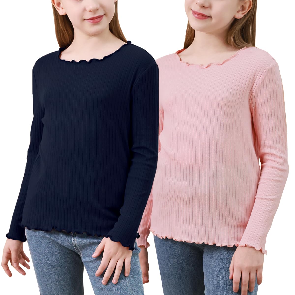GORLYA 2 Pack Girls Lettuce Trim Basic Solid Tee Shirts Ribbed Knit Casual Blouse Tops for 4-14T