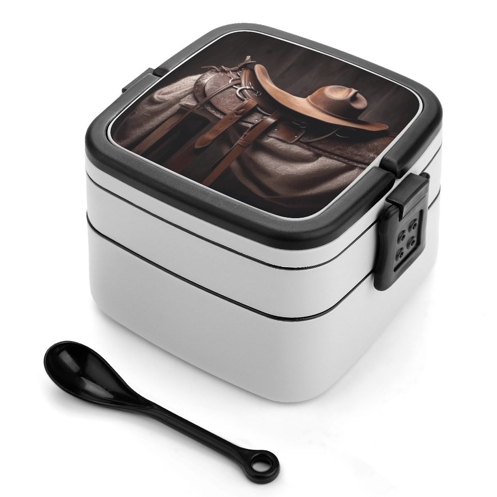 FekiLoot Horse Saddle with A Cowboy Hat Wild Bento Box Adult Lunch Box Sealed Bento Lunch Boxes with Spoon Sturdy Double Layer Bento Boxes Snap-on Design Leak Proof Lunch Containers Ideal for Work