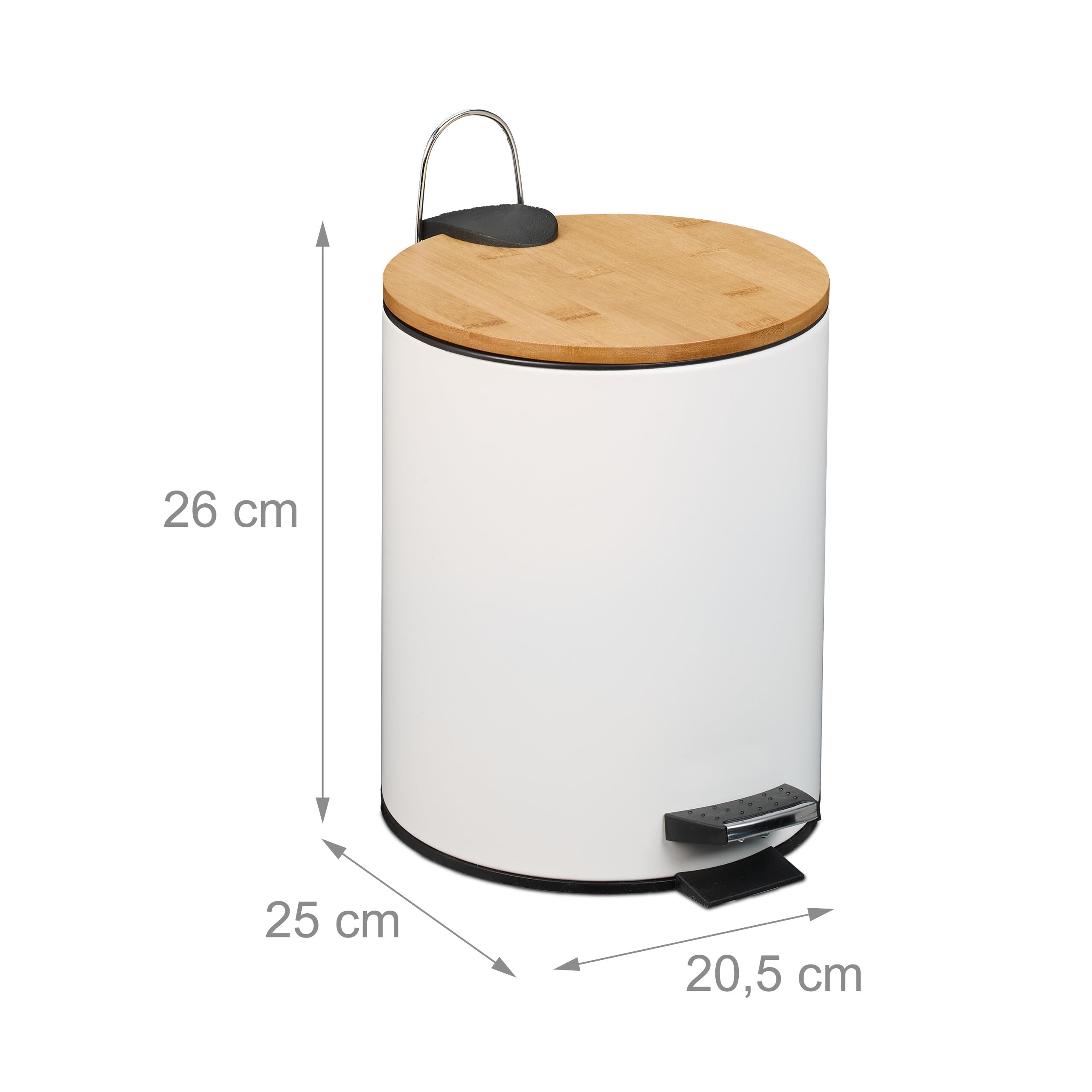 Relaxdays Pattumiera Bagno a Pedale 5 L, Cestino Interno Estraibile, Silenzioso, con Sacchetti, Ferro e bambù, Bianco
