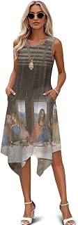 Oil Painting Print Women's Summer Sleeveless Dress Swing Irregular Hem Dress with Pockets for Party Beach Dates