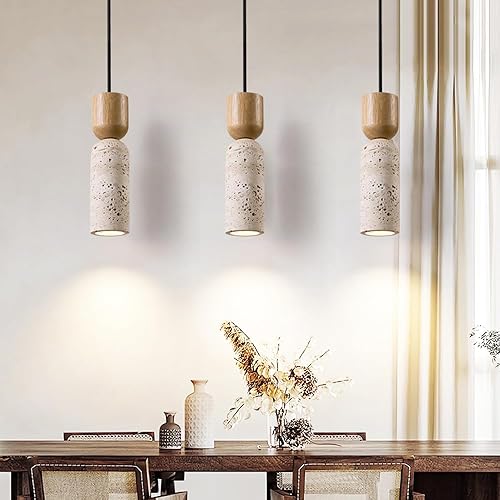 Miniatura 2 de Lámpara Colgante Minimalista Moderna Travertino Piedra Madera Natural Foco E27 Cable Ajustable para Cabecera Isla Cocina Cafetería Restaurante Sala