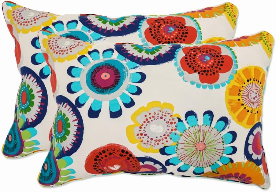 Bright Floral Indoor/Outdoor Throw Pillows, 2 Count, Lumbar - 16.5" x 24.5", Blue/Ivory Crosby