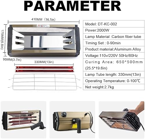 Miniatura 6 de DATOUBOSS Lámpara de secado de pintura infrarroja de mano de 2000 W, lámpara de secado de pintura de onda corta, lámpara de calefacción de pintura