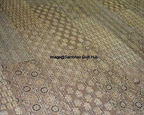 Brown Ajrakh Patch Quilting Hippie Kantha Ajarkh Hippie Handmade Queen Size Kantha Bedspread Ajrakh Reversible Hand Stitched Cotton Kantha Quilts Bohemian Floral Kantha Twin/Queen (60X90 inch)