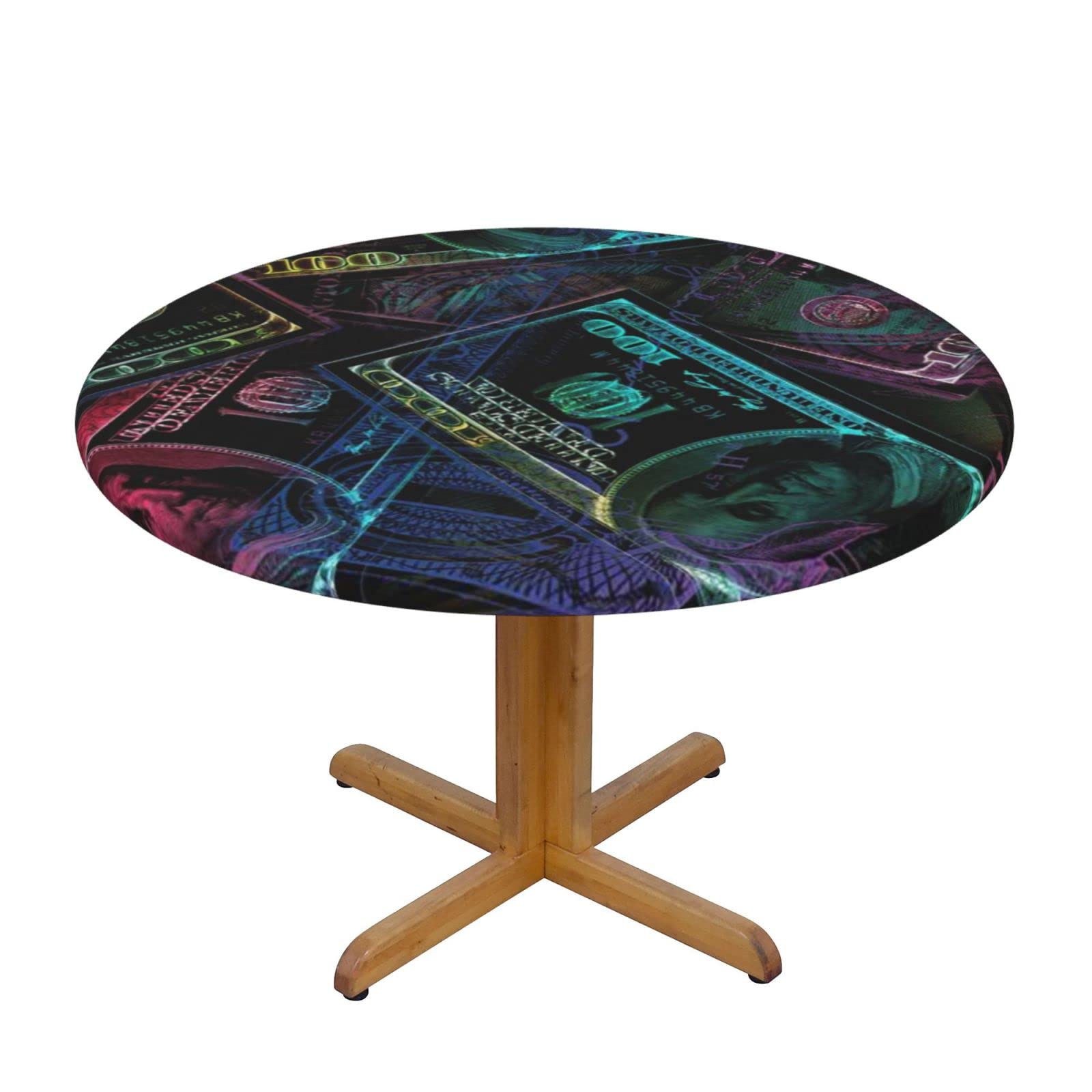 Lsjuee Round Fitted Tablecloth 40-44in Elastic Edged Table Cloth for Kitchen Dining Party Home Decor - Money Neon Colorful